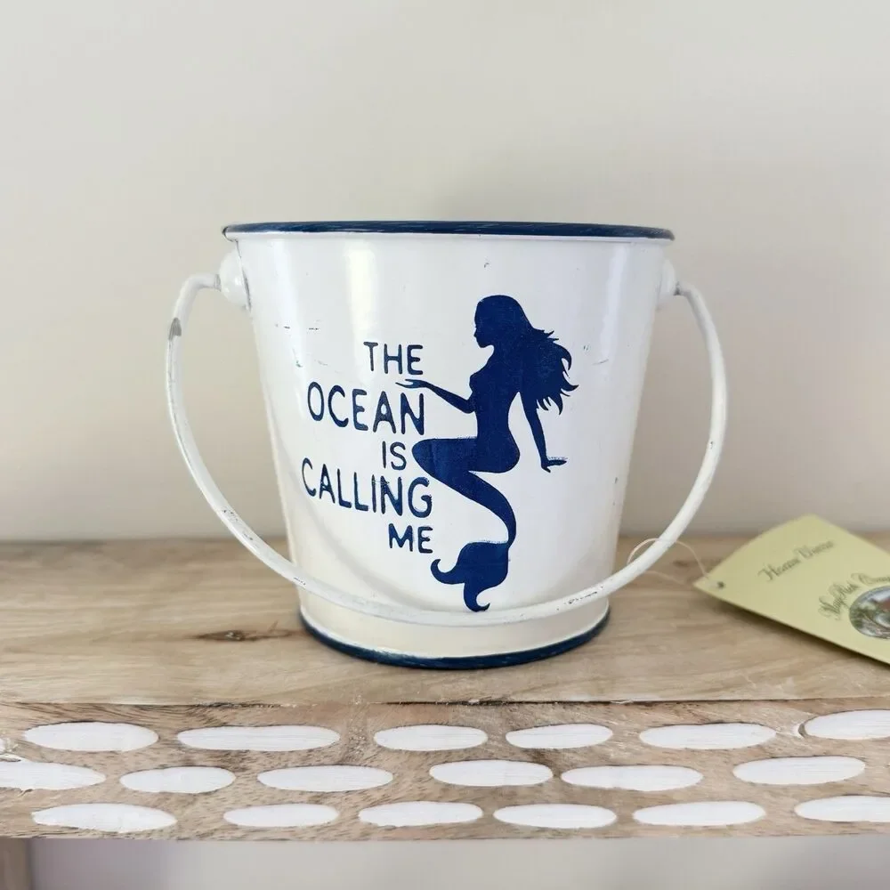 The Ocean Is Calling Me Mini Tin Bucket White And Blue Decor 4”